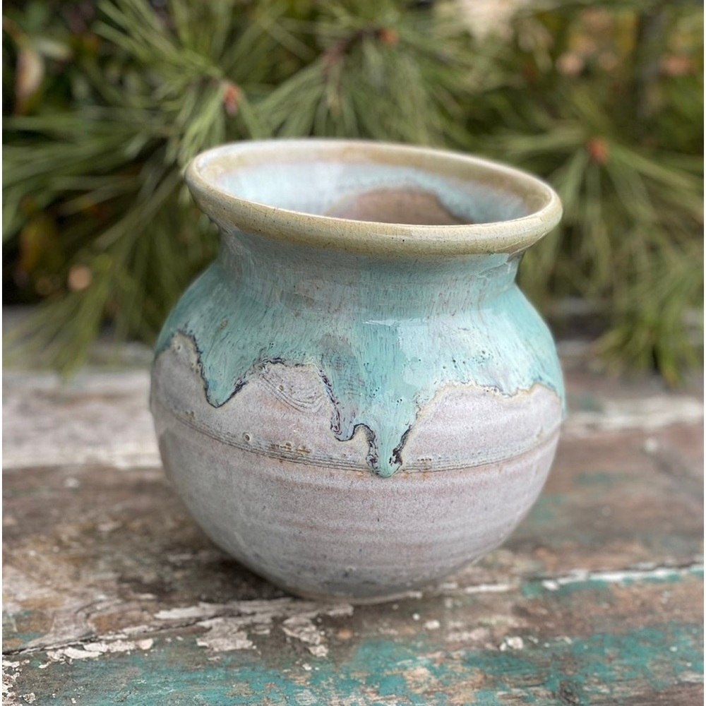 Blue Ridge pottery, gray, and blue planter pot handcrafted in Virginia